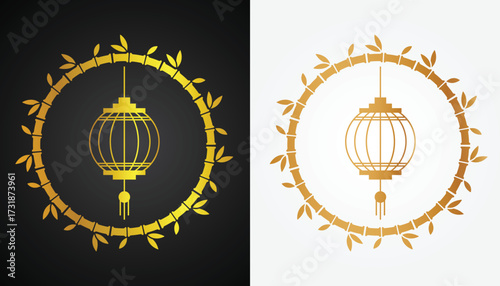 Vector image of Chinese lantern logo with beautiful and cool gold color variations with cool bamboo circle motif with black and white background for various design and branding purposes