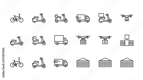 Delivery and transportation icon set featuring bicycle scooter truck drone and warehouse simple line vector for app and web design