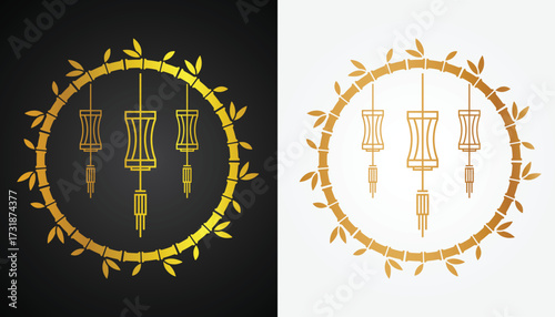 Vector image of Chinese lantern logo with beautiful and cool gold color variations with cool bamboo circle motif with black and white background for various design and branding purposes