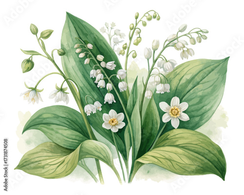 Watercolor Green Botanical Leaves with Wildflowers vector illustration