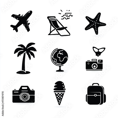 Travel essentials vector set depicting airplane beach chair starfish and camera for holiday trip planning