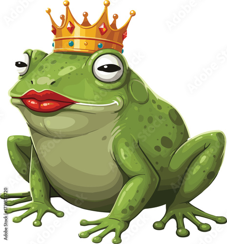 Cartoon frog prince illustration, whimsical royal frog drawing, fairy tale character artwork, green frog with crown, humorous fantasy animal design
