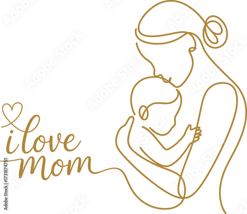 Elegant golden line art mother holding baby tenderly embracing love family bonding
