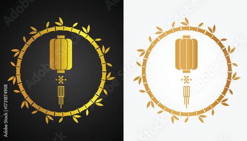 Vector image of Chinese lantern logo with beautiful and cool gold color variations with cool bamboo circle motif with black and white background for various design and branding purposes