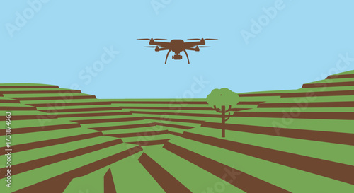 A drone flying over a stylized landscape with terraced fields.