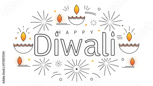 Happy diwali greeting card with decorative diyas and firework designs on a white background design concept