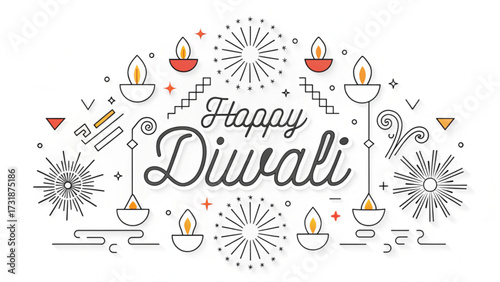 A festive diwali illustration with lamps, fireworks and geometric shapes on a white background design