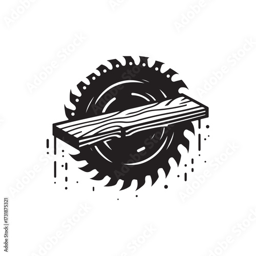 saw blade with wooden plank splitting vector silhouette clip art logo design illustration
