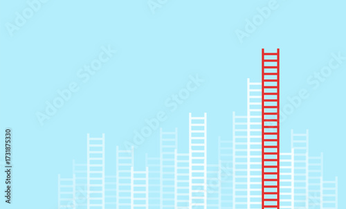Vertical red ladder standing out among many white ladders on blue background, symbol of leadership, success, and unique creative concept.