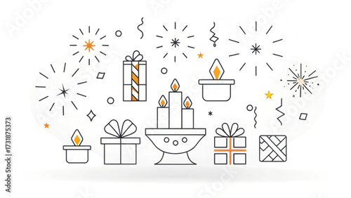 Festive line art illustration featuring gifts candles and celebratory elements on a white background