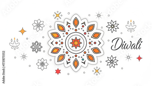 A diwali themed illustration featuring a central mandala with floral and star elements surrounding it