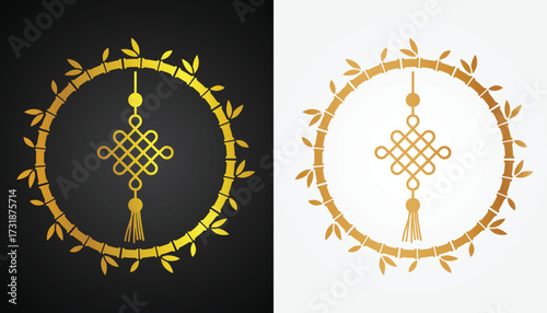 Vector image of Chinese lantern logo with beautiful and cool gold color variations with cool bamboo circle motif with black and white background for various design and branding purposes