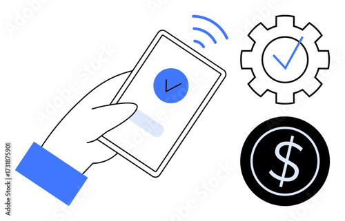 Hand holding smartphone with a checkmark, surrounded by a gear and dollar icon. Ideal for mobile banking, fintech, security, payments, efficiency, business technology themes. Simple flat metaphor