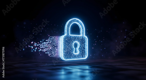 Futuristic digital padlock glowing on a dark background representing cybersecurity and data protection