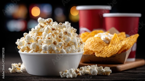 scattered popcorn and two buckets of nachos, next to the video camera and take to stop and continue shooting
