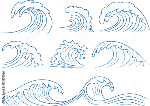 Dynamic ocean waves set stylized art collection artistic swirls sea motion