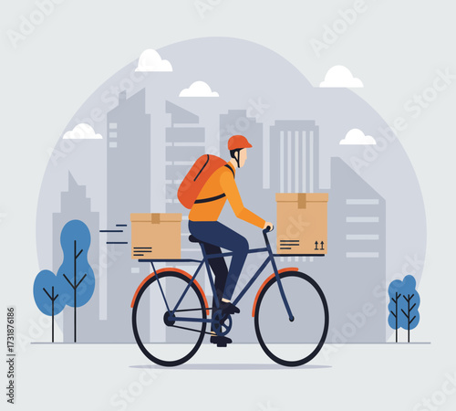 Flat vector design of bicycle courier delivering e-commerce package, bold colors, simple shapes, urban background