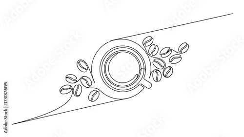 Continuous line drawing of coffee cup with coffee beans minimalist vector illustration for cafe menu and branding isolated on whit