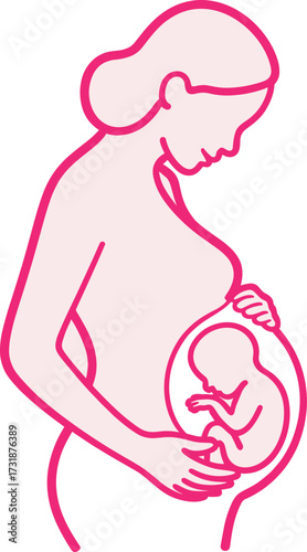 Minimalist outline drawing of pregnant woman holding belly showing baby inside