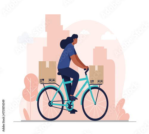Flat vector design of bicycle courier delivering e-commerce package, bold colors, simple shapes, urban background
