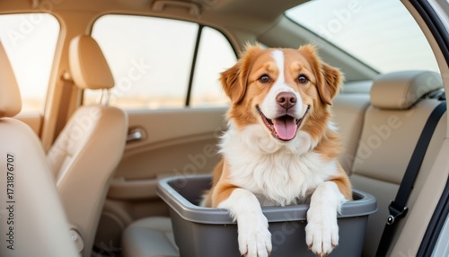 Happy dog sitting in a pet carrier inside a car during a road trip  