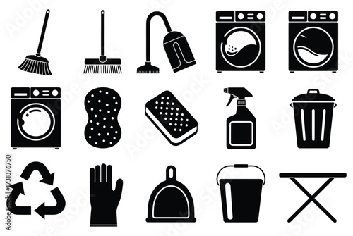 WebEssential cleaning supplies and home maintenance icons including washing machines, brooms, vacuum, gloves, trash bin, and recycling symbol for hygiene and tidiness projects