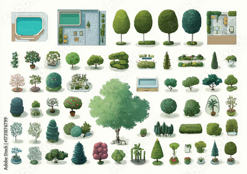 Varied assortment of hand drawn garden design elements featuring trees shrubs hedges and pools