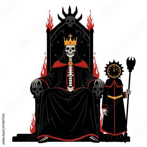 Skeleton ruler on fiery throne with servant