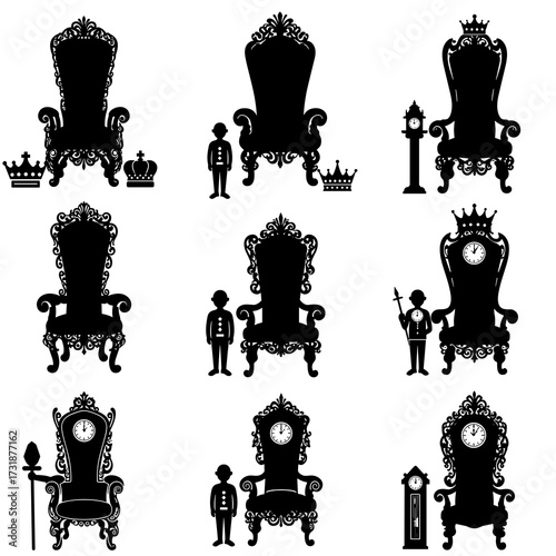 Silhouette collection of royal thrones and clocks