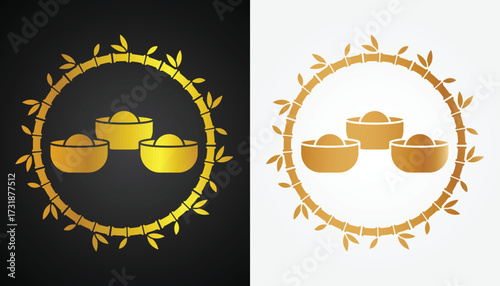 Vector image of a Chinese bowl logo with beautiful and cool gold color variations with a cool circle motif with a black and white background for various design and branding purposes