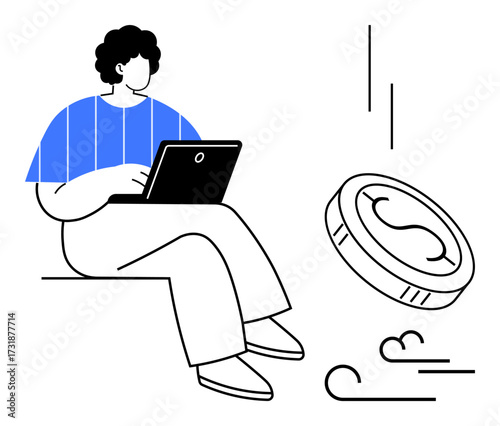 Person sitting and working on a laptop with a floating coin symbolizing digital earnings or money. Ideal for finance, freelancing, investment, digital currency, technology, remote work, side hustle