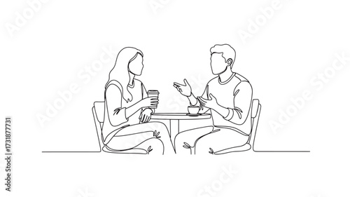 Continuous line drawing of a couple talking at a cafe sharing coffee simple vector illustration for friendship and relationship co