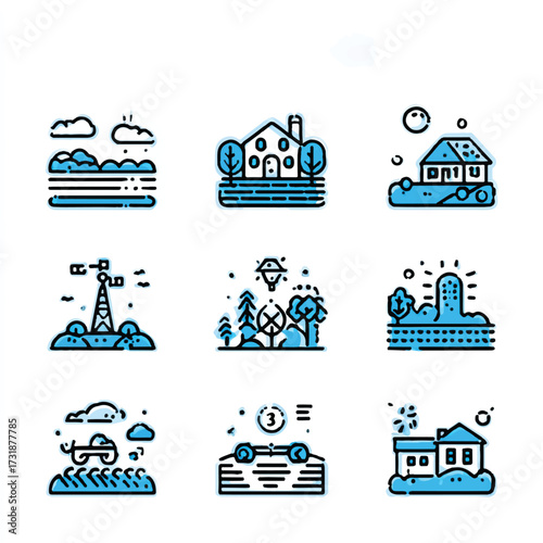 Vector illustration of diverse landscapes showcasing nature technology and suburban living featuring homes water towers and natural elements for design projects