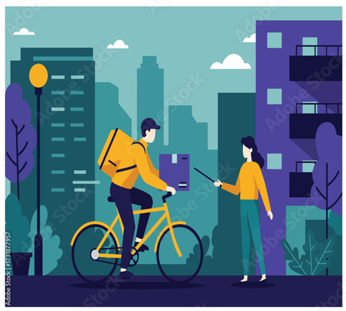 Flat vector design of bicycle courier delivering e-commerce package, bold colors, simple shapes, urban background