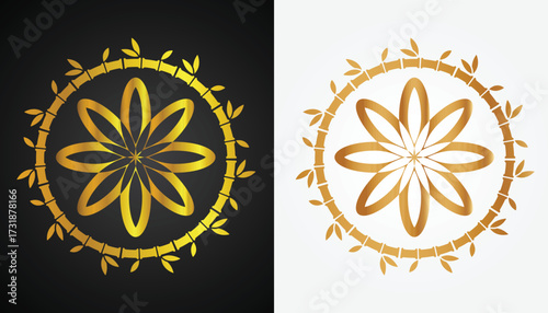 Chinese flower and lotus pattern vector image logo in gold variations with a beautiful white and black background for design purposes and others
