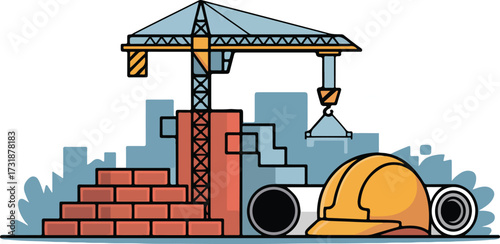 Construction Crane Brick Wall Helmet Pipe Building Equipment