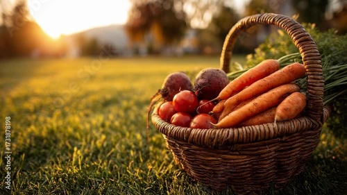 Basket of fresh vegetables, including carrots and beets, resting in a sunlit field at sunset.