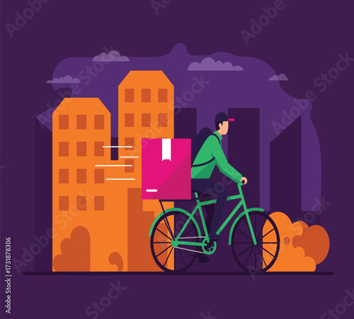 Flat vector design of bicycle courier delivering e-commerce package, bold colors, simple shapes, urban background