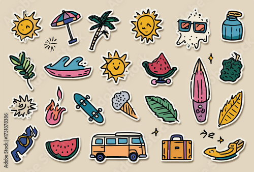 Vibrant Summer Stickers Collection Doodle Style Illustration of Beach Vacation Essentials and Holiday Accessories