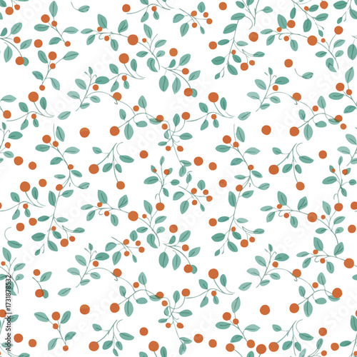 Densely Scattered Pattern with Teal Leaves and Orange Berries. The colors are solid and flat, with crisp edges, giving the pattern a clean and modern graphic feel