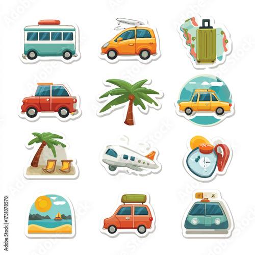 Vibrant Travel Stickers Representing Vacation Destinations and Modes of Transportation for Summer Adventures