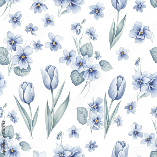 Seamless Watercolor Pattern with Blue Tulips and Violets. The hand-painted, slightly translucent quality of the watercolor gives the pattern a peaceful and classic botanical feel.