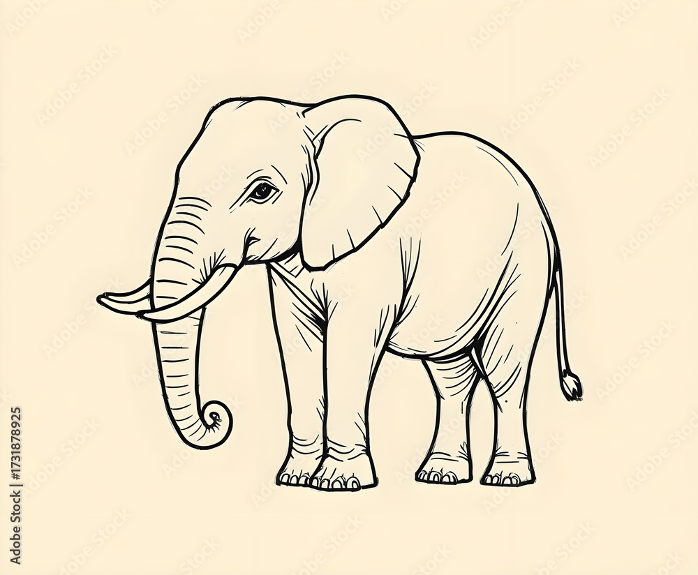 Fototapeta premium black and white outline drawing of an elephant in side profile with large ears, long trunk, and tusks for coloring books.