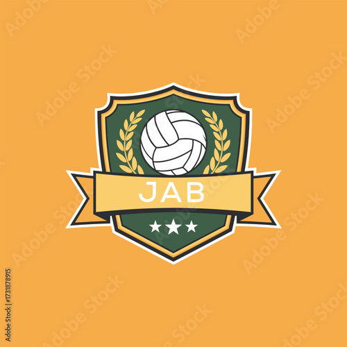 JAB Volleyball Logo Design JAB Modern Sports Shield Emblem with Ball, Laurel and Ribbon for Volleyball Club, JAB Tournament and Team Branding
