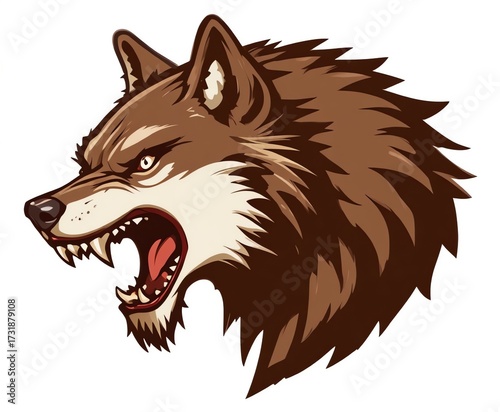 stylized snarling wolf head in profile with open mouth and sharp teeth in shades of brown for logos and mascots.