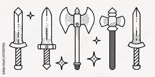Fantasy game assets with swords, axes, and maces, perfect for RPG characters and medieval adventures, a bold design for game developers and fantasy enthusiasts