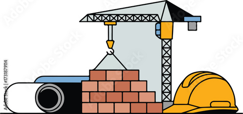 Construction site with crane brick wall and safety helmet