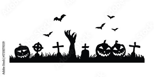 Halloween Graveyard Silhouette Vector. Spooky Cemetery Scene with Pumpkins and Bats. Zombie Hand Rising Halloween Silhouette Art