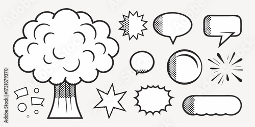 Unleash Creativity with Trendy Comic Style Bubbles and Tree Outlines, Perfect for Modern Design Projects and Dynamic Visuals, Originally a Scalable Graphic