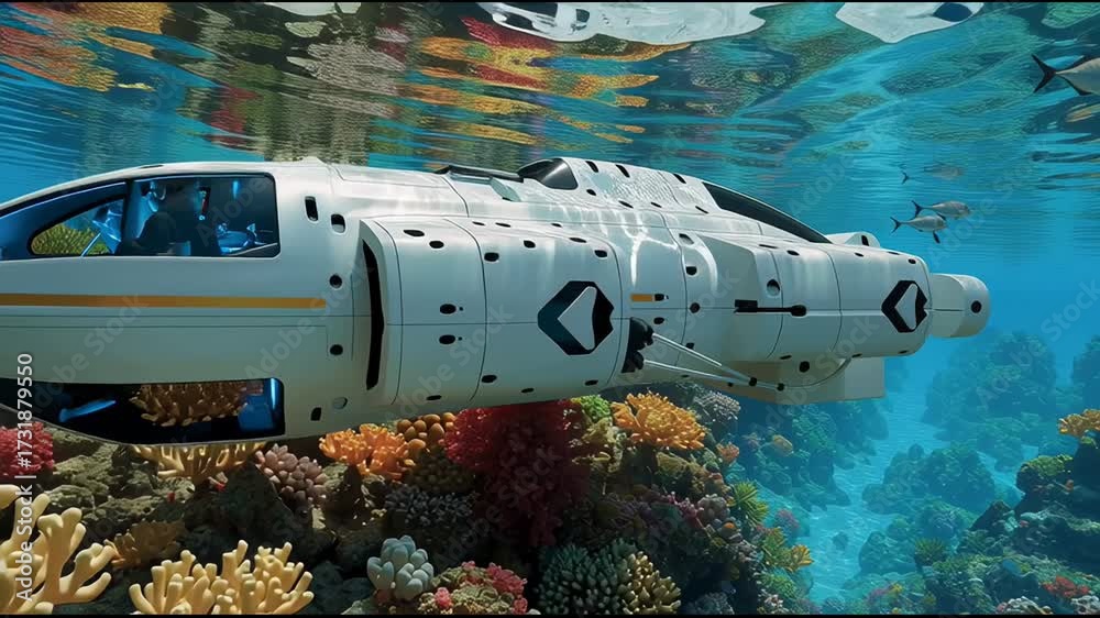 custom made wallpaper toronto digitalFuturistic white submarine with smart IoT sensors navigating coral reef ecosystems for advanced ocean exploration and conservation research